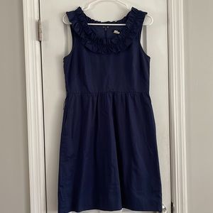 J CREW size 8 navy dress with ruffle neck.  classic! Belt loop w/ no belt.